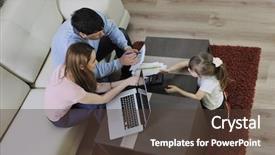  Presentation with living room family - Slide deck consisting of young happy family at bright background and a tawny brown colored foreground