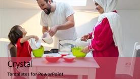  Presentation with baby foot newborn and family - Slide deck with young happy family making food background and a red colored foreground