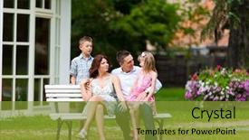  Presentation with villa - Presentation theme with young happy family sitting in the sun in front of their new home on a bench - it is a villa background and a gold colored foreground