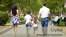  Presentation with holding hands family walking - PPT layouts enhanced with young happy family walking background and a mint green colored foreground