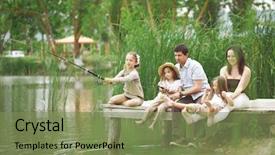  Presentation with family time fishing - Colorful presentation theme enhanced with young happy family with kids backdrop and a seafoam green colored foreground