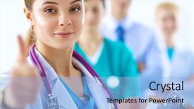  Presentation with female doctor - Slide deck enhanced with young happy female doctor showing thumbs up background and a light blue colored foreground