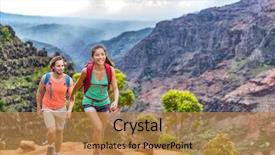  Presentation with walking trail - PPT theme with young happy hikers people walking background and a gold colored foreground