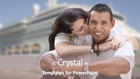  Presentation with dock - PPT theme with young happy hispanic couple hugging on the dock in front of a cruise ship background and a coral colored foreground