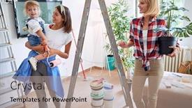  Presentation with parents - Presentation having young happy lesbian parents moving in new house with a toddler girl background and a coral colored foreground
