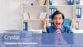  Presentation with employee - PPT theme consisting of young-happy-male-employee background and a teal colored foreground