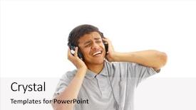  Presentation with music singing - Beautiful presentation theme featuring young happy man listening to music and singing backdrop and a light gray colored foreground