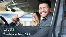  Presentation with car dealer - PPT theme with young-happy-man-showing background and a ocean colored foreground