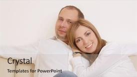  Presentation with married couple - Presentation theme enhanced with young happy married couple wearing white shirts posing relaxed on sofa background and a soft green colored foreground
