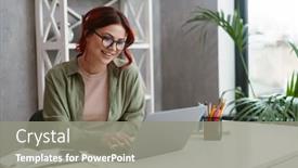  Presentation with entrepreneur - PPT theme enhanced with young-happy-mid-aged-woman background and a gray colored foreground