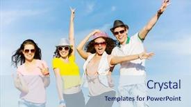  Presentation with young people diversity - Colorful PPT theme enhanced with young happy people having fun backdrop and a sky blue colored foreground