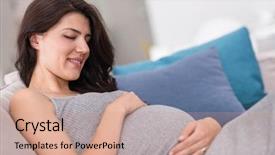  Presentation with pregnant woman cleaning - Audience pleasing slide set consisting of young happy pregnant woman keeping backdrop and a coral colored foreground