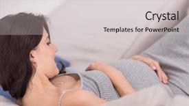 Presentation with pregnant woman - Beautiful presentation theme featuring young happy pregnant woman keeping backdrop and a light gray colored foreground