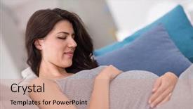  Presentation with pregnant woman - PPT theme with young happy pregnant woman keeping background and a coral colored foreground