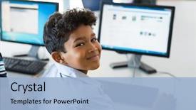  Presentation with middle school - Presentation consisting of young happy schoolboy using computer background and a light blue colored foreground