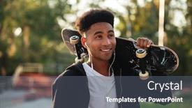  Presentation with public - Theme consisting of young happy skateboarder man holding skateboard on his shoulders at public park background and a gray colored foreground