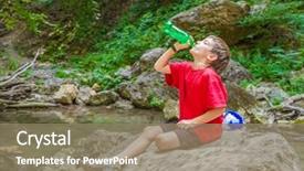  Presentation with water river - PPT theme consisting of young happy smiling child boy drinking water on forest river background background and a coral colored foreground
