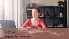  Presentation with virtual learning - Presentation theme enhanced with young-happy-smiling-student-talking background and a coral colored foreground