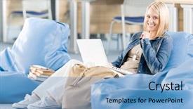  Presentation with high school - Amazing slide deck having young happy student girl relaxing at high school with laptop backdrop and a light blue colored foreground