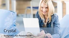  Presentation with high school - Audience pleasing slide deck consisting of young happy student girl relaxing at high school with laptop backdrop and a light blue colored foreground
