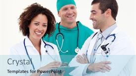  Presentation with team working together - Colorful PPT theme enhanced with young happy team of doctors working together backdrop and a light blue colored foreground