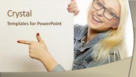  Presentation with teen girl - Beautiful PPT layouts featuring young happy teen girl pointing backdrop and a  colored foreground