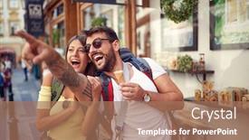  Presentation with young happy couple - Colorful presentation design enhanced with young-happy-tourist-couple-enjoying backdrop and a coral colored foreground