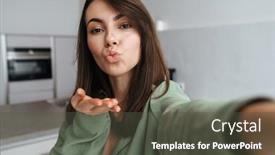  Presentation with kiss - Presentation consisting of young-happy-woman-blowing-air background and a dark gray colored foreground