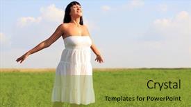  Presentation with breathing - Beautiful PPT theme featuring young happy woman breathing fresh air in green field backdrop and a gold colored foreground