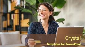  Presentation with online shopping - Presentation featuring young-happy-woman-doing-shopping background and a tawny brown colored foreground