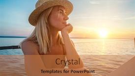  Presentation with moving sea - Slide set featuring young-happy-woman-enjoying-sunset background and a coral colored foreground