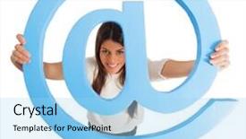 Presentation with email - Theme with portrait of young happy woman holding email sign over white background background and a light blue colored foreground