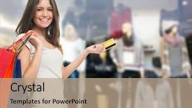  Presentation with woman pushing shopping trolley - Cool new slide deck with young happy woman holding shopping backdrop and a coral colored foreground