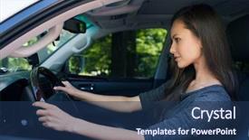  Presentation with person driving - PPT theme consisting of young happy woman in car background and a navy blue colored foreground