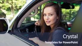  Presentation with person driving - PPT theme consisting of young happy woman in car background and a navy blue colored foreground