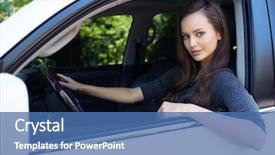  Presentation with person driving - Beautiful slides featuring young happy woman in car backdrop and a ocean colored foreground