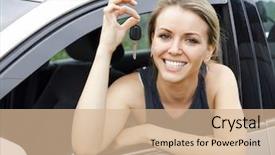  Presentation with woman car driver map - PPT theme having young happy woman in car background and a coral colored foreground