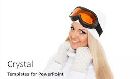  Presentation with winter sports - Slide set consisting of young happy woman in winter warm clothes and ski glasses stands on a white background winter sports background and a white colored foreground