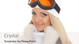  Presentation with winter sports - Colorful slide set enhanced with young happy woman in winter warm clothes and ski glasses stands on a white background winter sports backdrop and a lemonade colored foreground