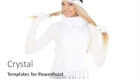  Presentation with winter sports - Colorful PPT layouts enhanced with young happy woman in winter warm clothes and ski glasses stands on a white background winter sports backdrop and a white colored foreground