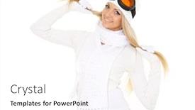  Presentation with winter sports - Slide deck having young happy woman in winter warm clothes and ski glasses stands on a white background winter sports background and a white colored foreground