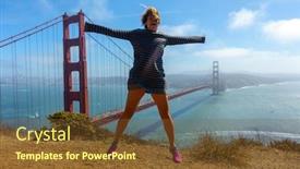  Presentation with golden woman - Amazing slide deck having young-happy-woman-jumping backdrop and a tawny brown colored foreground