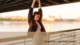  Presentation with listening woman - PPT theme consisting of young-happy-woman-listening background and a coral colored foreground