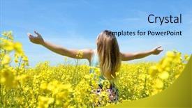  Presentation with rapeseed - Audience pleasing presentation design consisting of young happy woman on blooming rapeseed field in spring backdrop and a light blue colored foreground