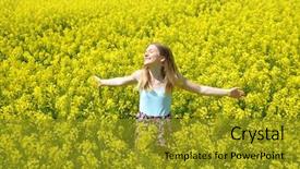  Presentation with rapeseed - Presentation consisting of young happy woman on blooming rapeseed field in spring background and a gold colored foreground