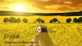  Presentation with rapeseed - Theme enhanced with young happy woman on blooming rapeseed field at sunset background and a gold colored foreground