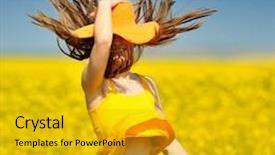  Presentation with rapeseed - Audience pleasing presentation design consisting of young happy woman on blooming rapeseed field in summer backdrop and a gold colored foreground