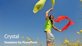  Presentation with rapeseed - Beautiful theme featuring young happy woman on blooming rapeseed field in summer backdrop and a teal colored foreground