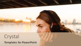  Presentation with listening woman - Slide set enhanced with young-happy-woman-smiling background and a coral colored foreground