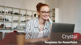  Presentation with video conference - Amazing slides having young-happy-woman-using-laptop backdrop and a tawny brown colored foreground